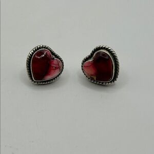 925 Sterling Silver Red Rose Dahlia Heart Shaped Southwest Style Stud Earrings